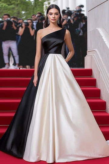 Black&White A Line Ruched One Shoulder Long Gala Dress